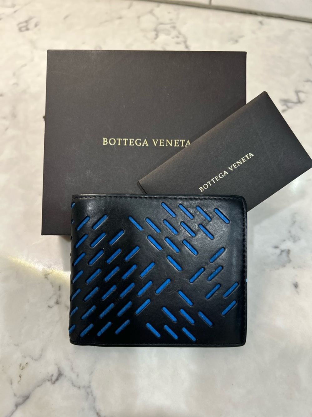 Bottega Veneta Black Leather Wallet with Blue Inlay
